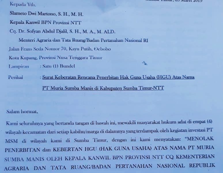 Masyarakat Sumba Timur Tolak Penerbitan Izin HGU PT Muria Sumba Manis