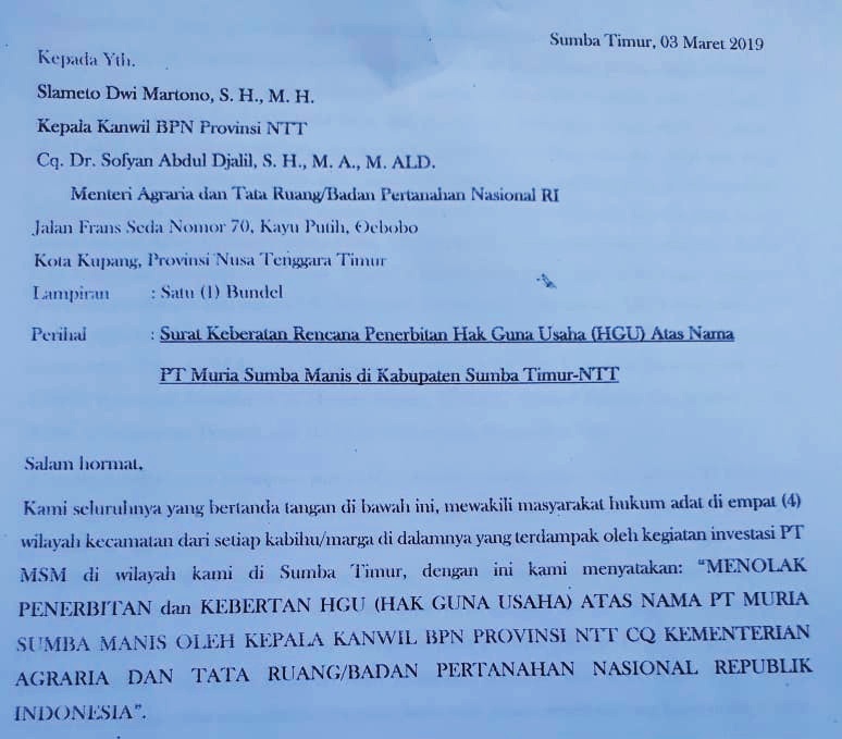 Masyarakat Sumba Timur Tolak Penerbitan Izin HGU PT Muria Sumba Manis