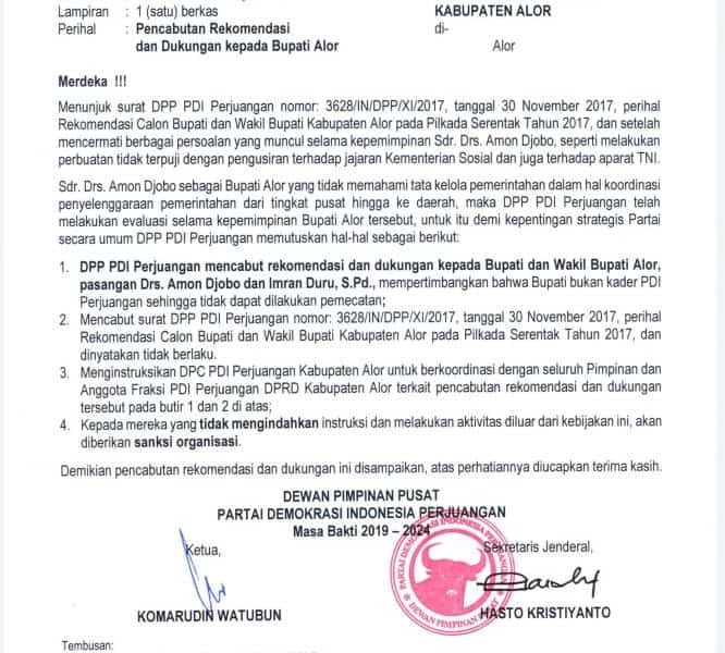 DPP PDI Perjuangan Cabut Dukungan pada Bupati Alor DPP PDI Perjuangan Cabut Dukungan pada Bupati Alor